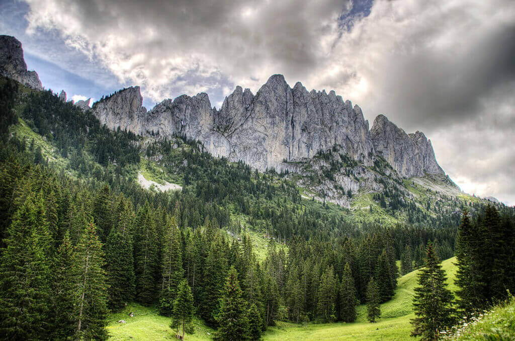 Gezackte Gipfel der Gastlosen erheben sich majestätisch über einem dichten Wald in den Freiburger Voralpen.